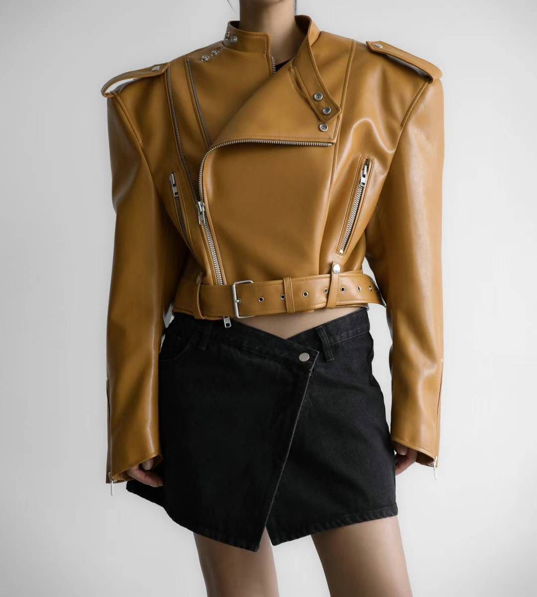 TEAGAN BOXY LEATHER JACKET - MUSTARD