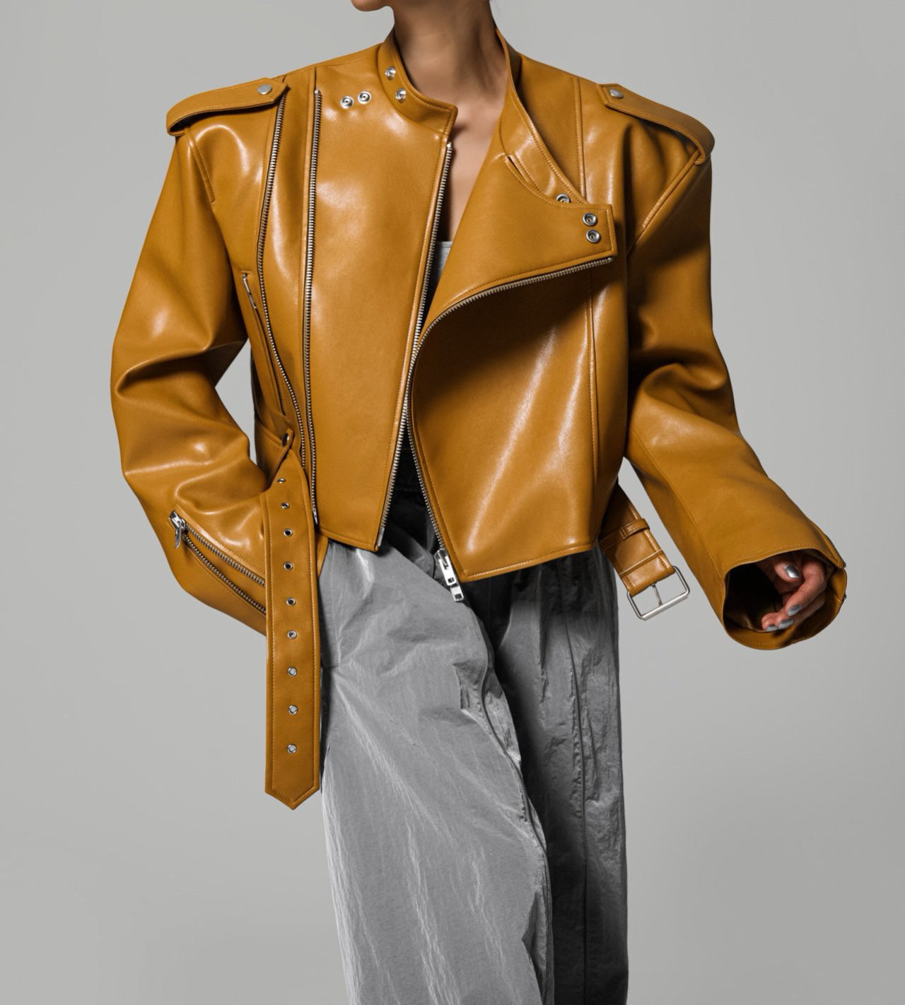 TEAGAN BOXY LEATHER JACKET - MUSTARD