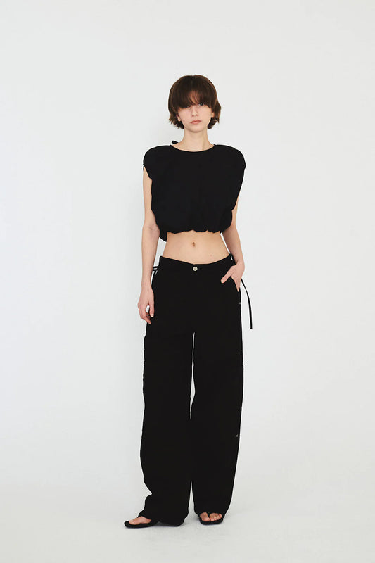RIBBON STRAP POCKET DENIM PANTS IN BLACK