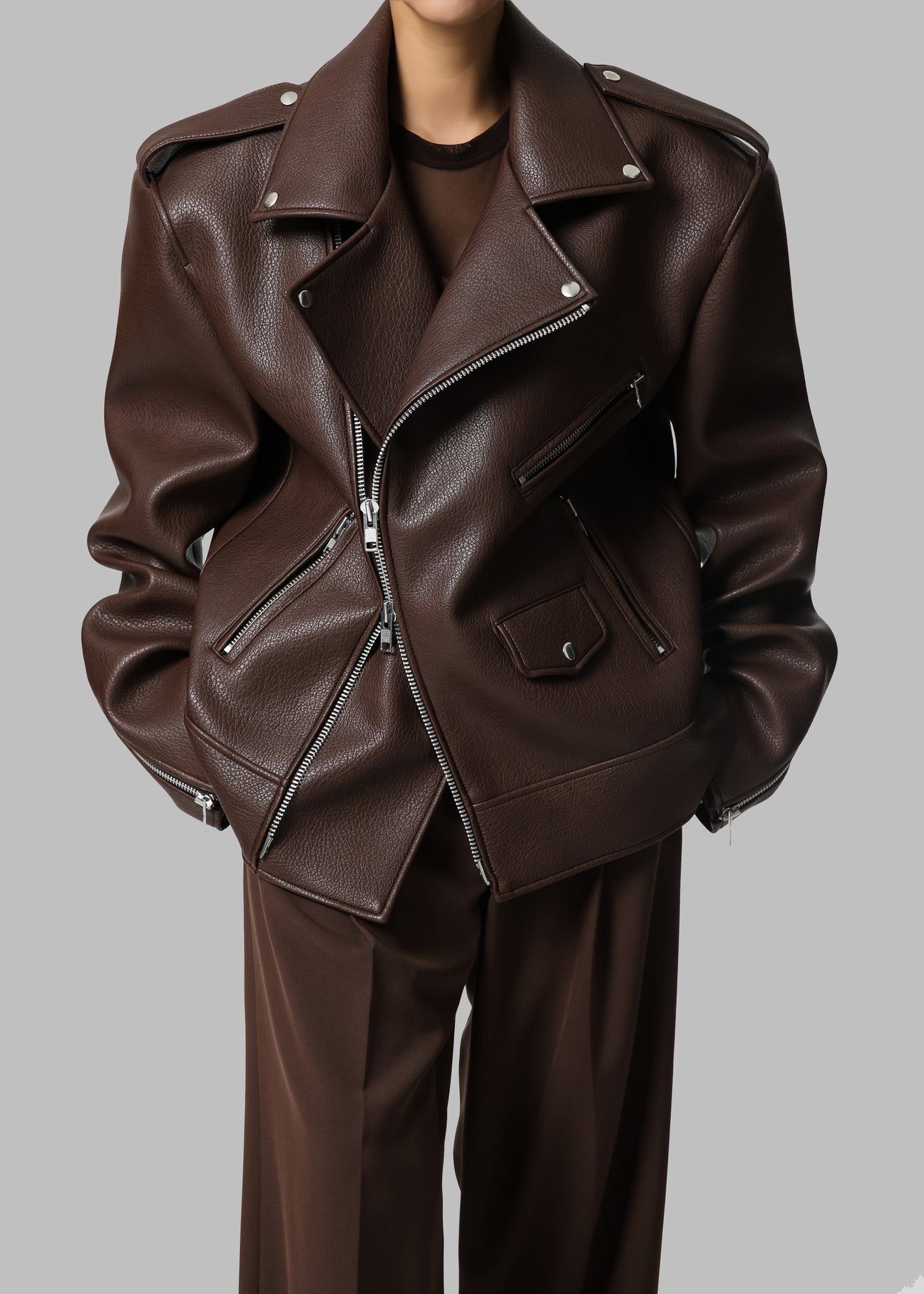 CHICAGO OVERSIZED BIKER JACKET - BROWN