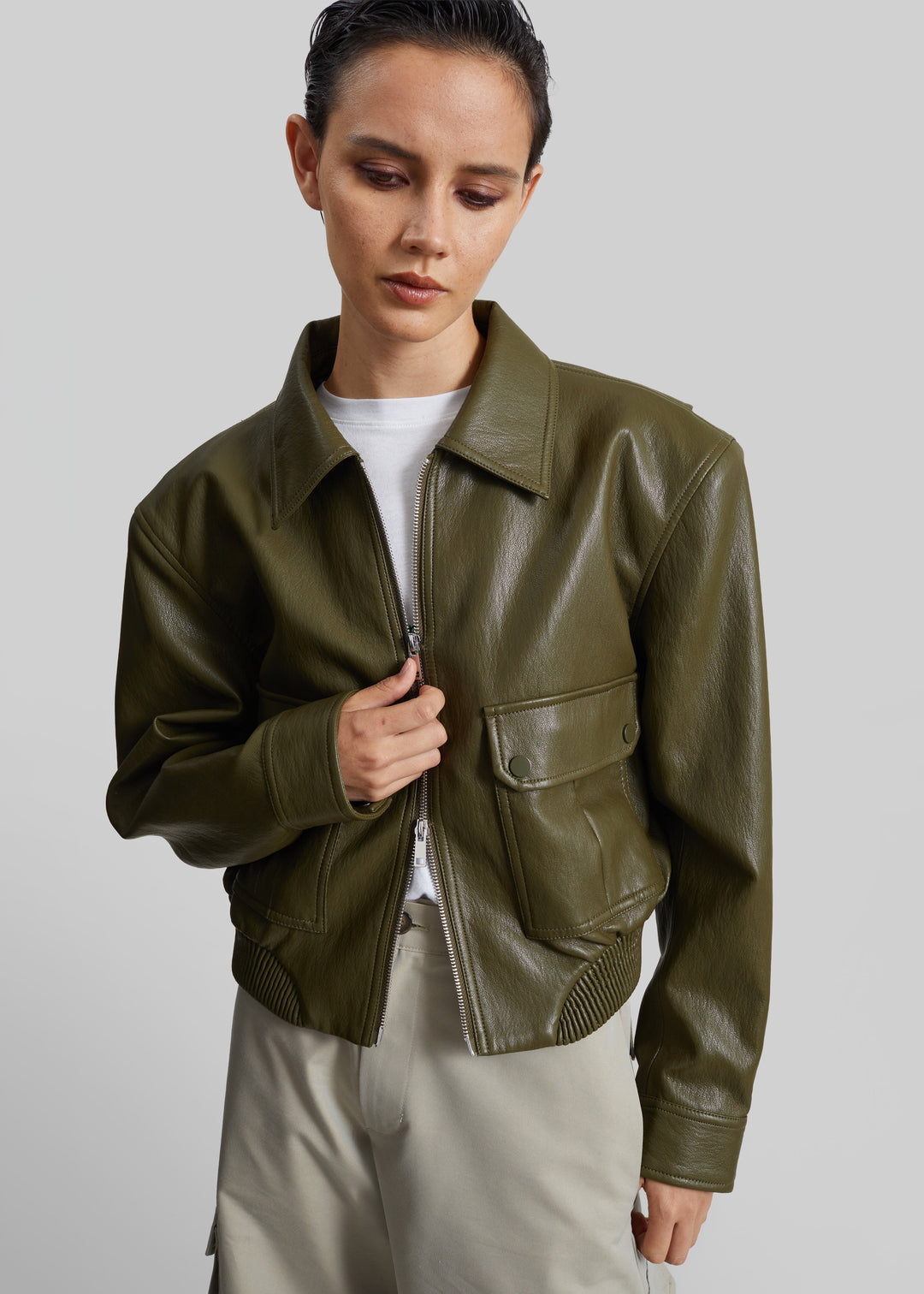 PARIS LEATHER JACKET - ARMY GREEN