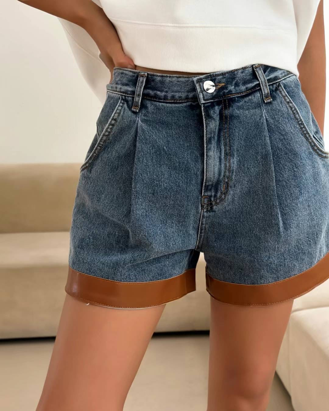 LEATHER DENIM SHORTS